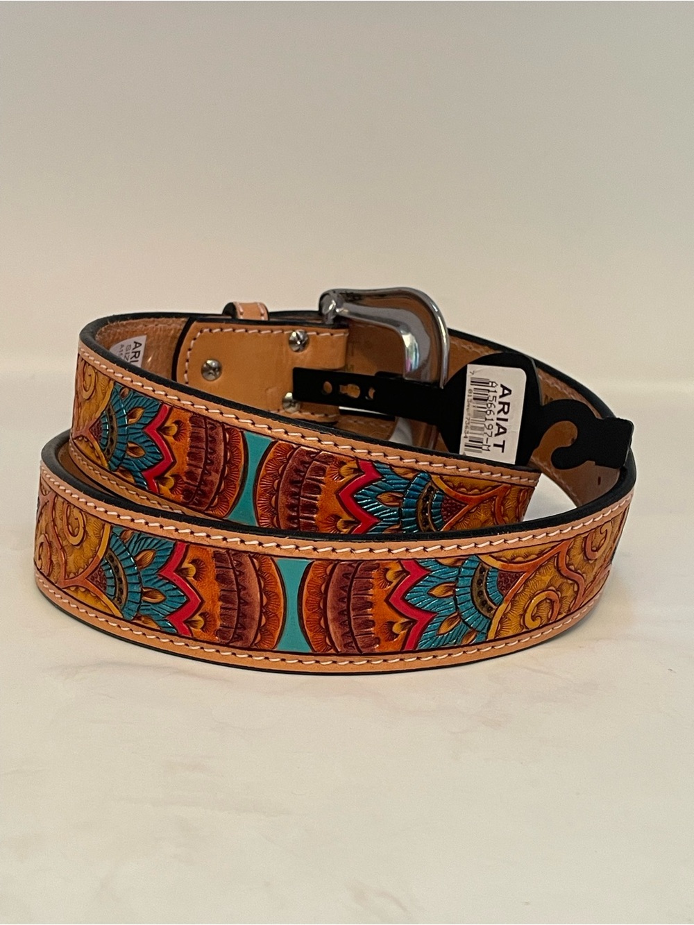 Ariat Turquoise, Tan & Brown Tooled Leather Western Belt